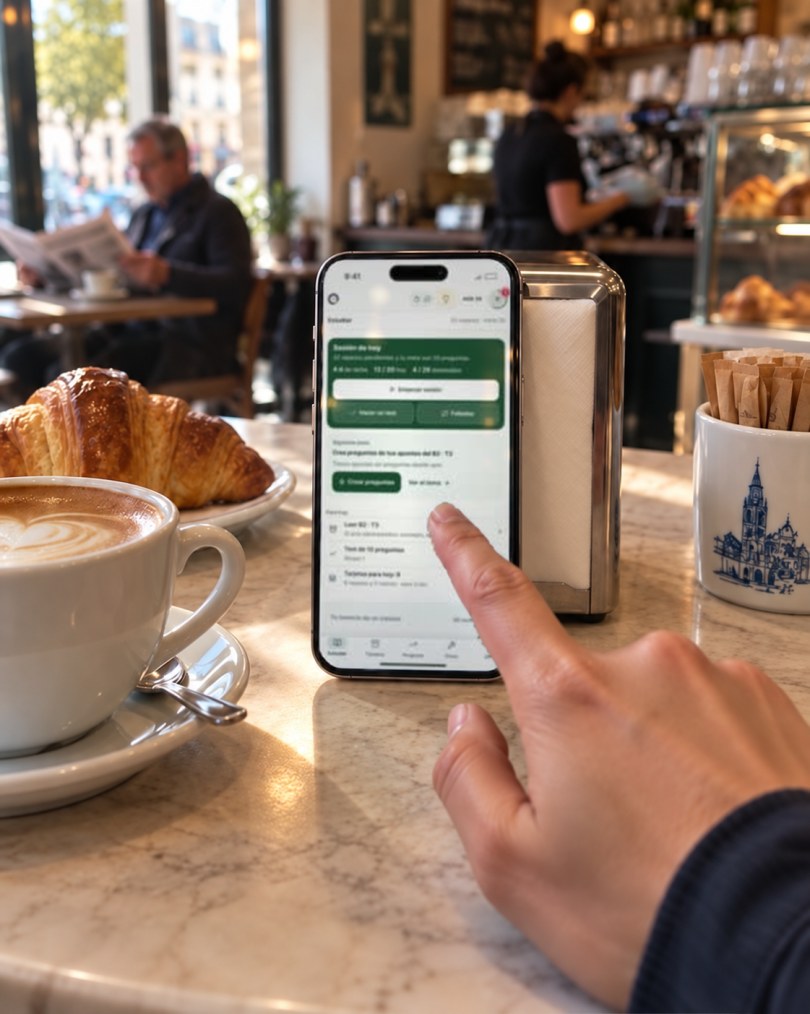 En el café: practicando con Opoteca en el móvil