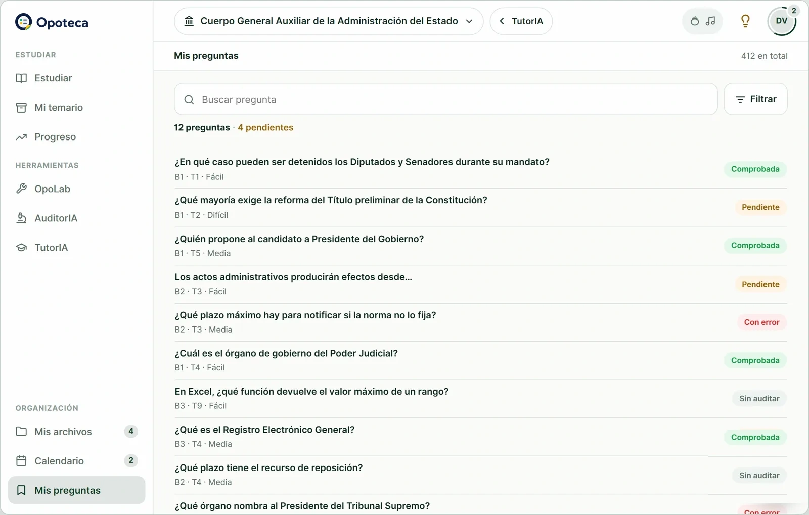 Mis preguntas: lista con estado comprobada, pendiente o con error